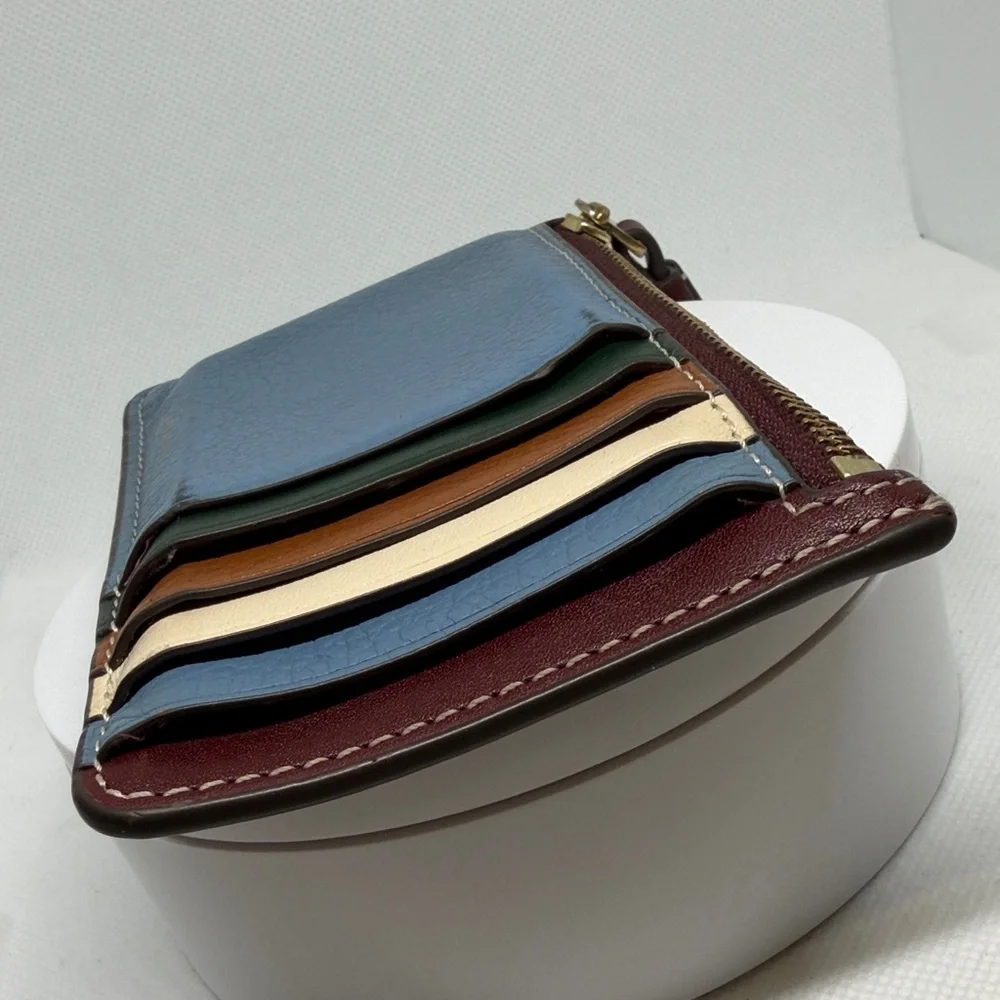 TORY Burch Perry Color Block Top-Zip Card Case Pebbled Leather